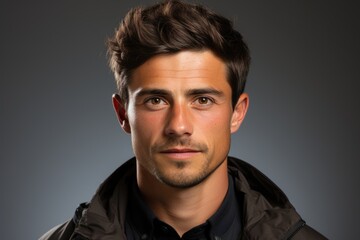 Fototapeta premium A man wearing a black shirt and a black jacket stands against a plain background.
