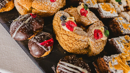 Delicious, table with various sweets.