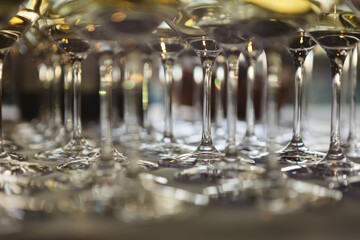 Glasses with white and red wine. Catering services. Glasses with wine in row background at...