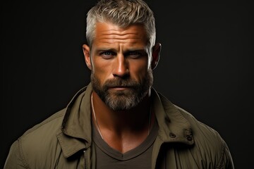 Obraz premium A photograph capturing the image of a man with grey hair and a beard.