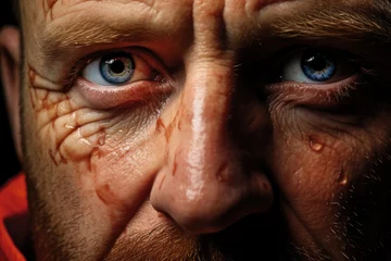Fototapeten A close-up photograph highlighting the striking blue eyes of a man. © nnattalli