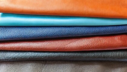 Close up multicolor of leathers background. folded leathers texture. Faux leather fabric,...
