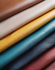 Close up multicolor of leathers background. folded leathers texture. Faux leather fabric, leatherette fabric for clothing