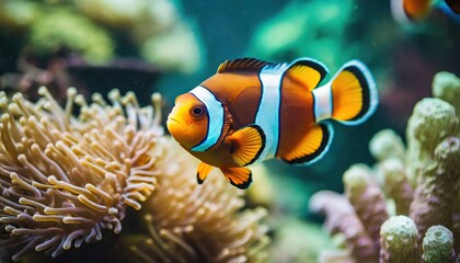 Close up of a brightly colored Clown fish swimming among the coral in aquarium tank 