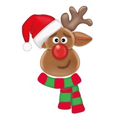 reindeer wearing Santa Claus Christmas hat and scarf