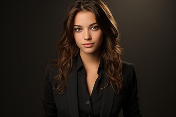 A professional woman dressed in a black suit strikes a pose for a portrait.