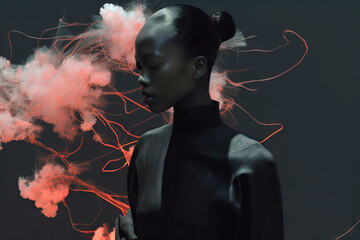 Generative AI image of fashion african model in editorial with smoke