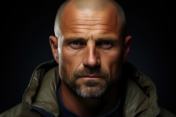 Obraz premium A man with a bald head confidently wears a jacket, displaying a stylish and practical look.