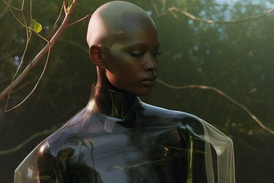 Generative AI image of a Metallic Humanoid black fashion model in a Forest