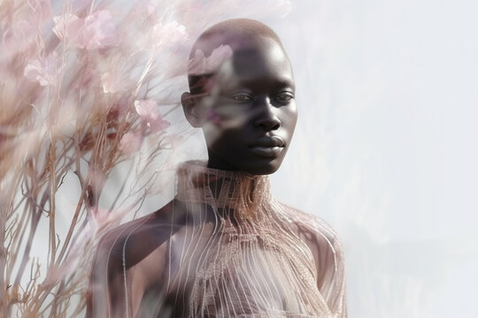 Generative AI image of african fashion model Blending with Nature