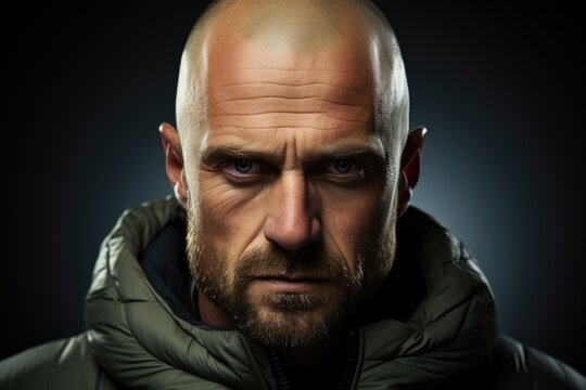 A bald man wearing a green jacket poses for a photo.