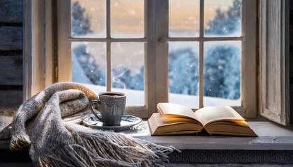 Cozy winter scene. Coffee, open book, and plaid on vintage windowsill in cottage, snowy landscape...