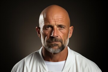 A bald-headed man confidently sports a white shirt.