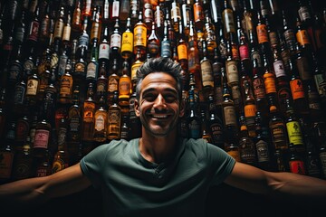A man stands in front of a wall filled with bottles of beer.