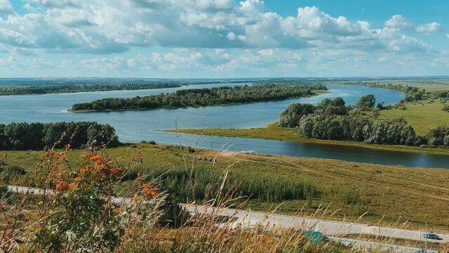Picturesque view of the Kama River from the observation deck at the Yelabuga settlement. The movement of clouds over the river. Lower Kama National Park. Yelabuga, Republic of Tatarstan, Russia, 4K