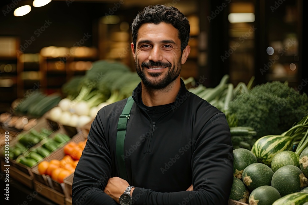 Poster a man stands in front of a diverse display of various fruits and vegetables at a market.