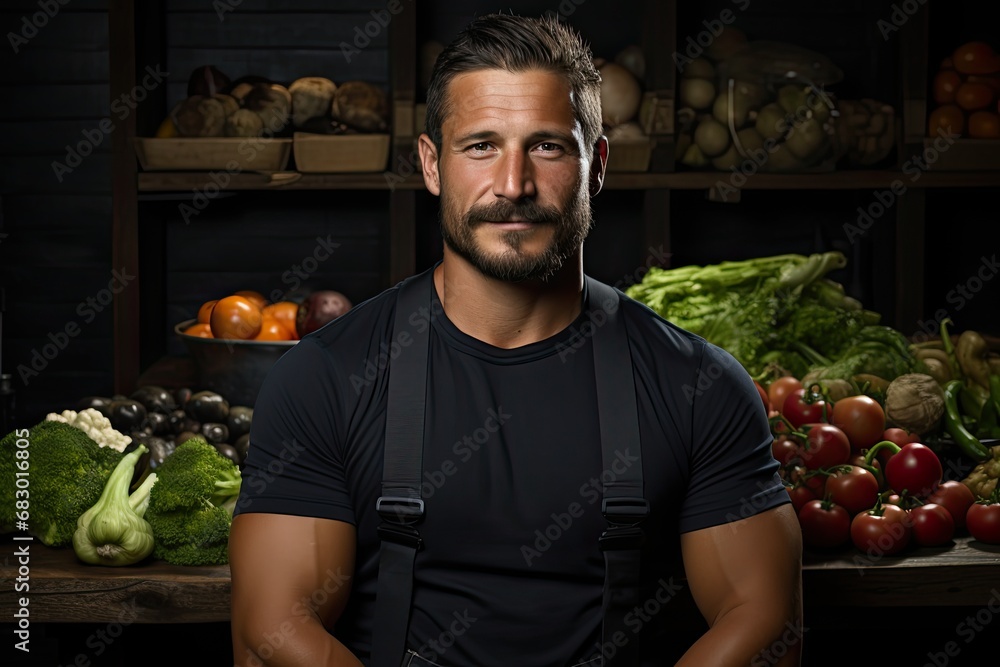 Poster a man confidently stands in front of a well-organized and vibrant display of a variety of vegetables