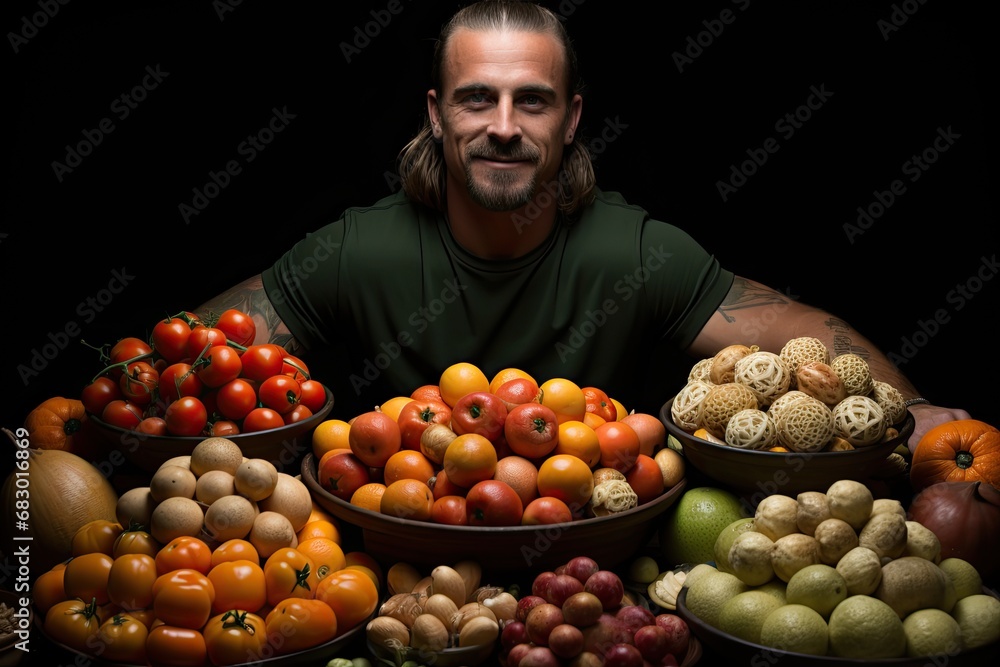 Poster a man is seated in front of a table abundantly filled with a variety of fresh and colorful fruits an