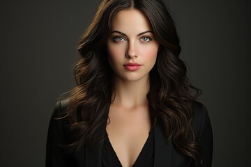 Fototapeta premium A professionally dressed woman stands confidently while posing in a black suit.