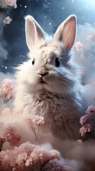 Romantic poster. Cute, fluffy bunny looking at the camera. Soft pink-blue tones, among flowers,  misty background. Close-up. Generative AI..