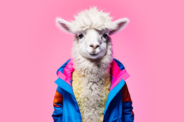 Generative AI illustration of charming alpaca wearing a colorful windbreaker jacket poses with whimsical expression against a vibrant pink background