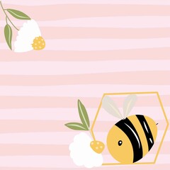 bee and flowers card - obrazy, fototapety, plakaty