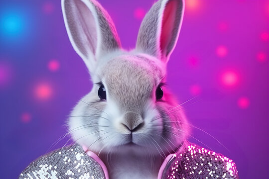 Generative AI Illustration Of Elegant Rabbit Captivates With Its Sparkling Silver Coat Against A Dynamic Purple And Pink Bokeh Background