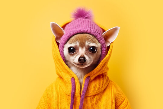 Generative AI illustration of charming Chihuahua dressed in vivid yellow hoodie and a cute pink beanie stands out against a matching yellow background