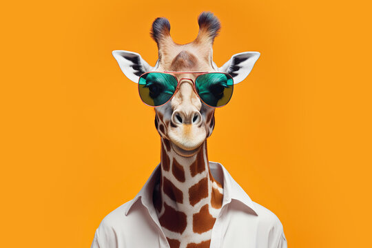Generative AI illustration of giraffe with an artistic twist in an elegant white shirt and cool mirrored sunglasses against orange background