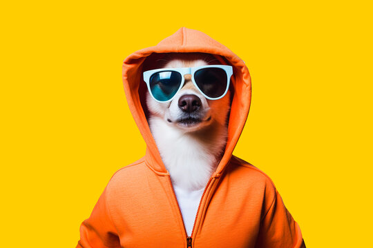 Generative AI illustration of cool sloth in an orange hoodie and trendy sunglasses poses confidently against a bright yellow background