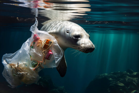 Seal ensnared by plastic debris in the ocean, representing the environmental hazards of pollution. Generative AI.