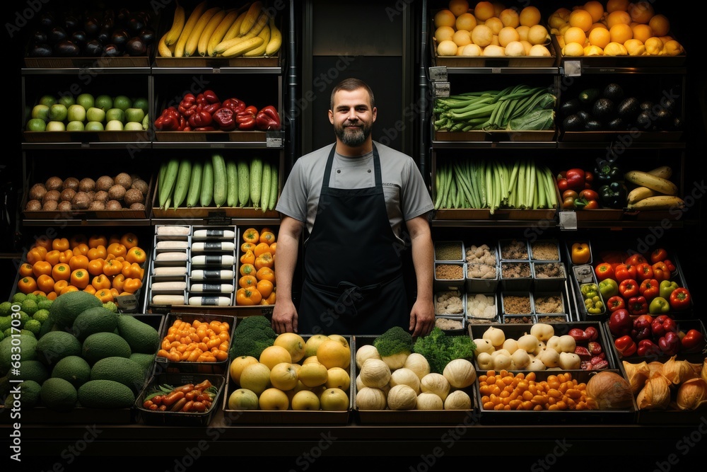Aufkleber a man standing in front of a vibrant display of assorted fruits and vegetables at a local farmers ma