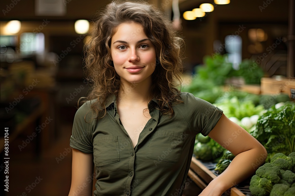 Poster a woman stands confidently in front of a display filled with an assortment of fresh and vibrant vege