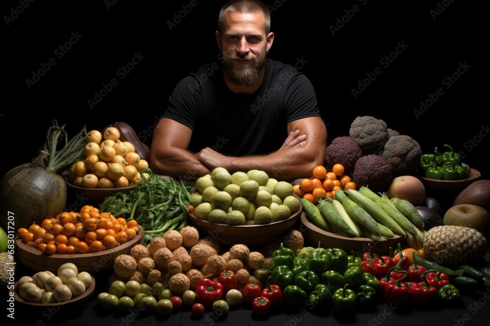 Aufkleber a man calmly seated in front of a generously stocked table filled with vibrant and fresh fruits and 