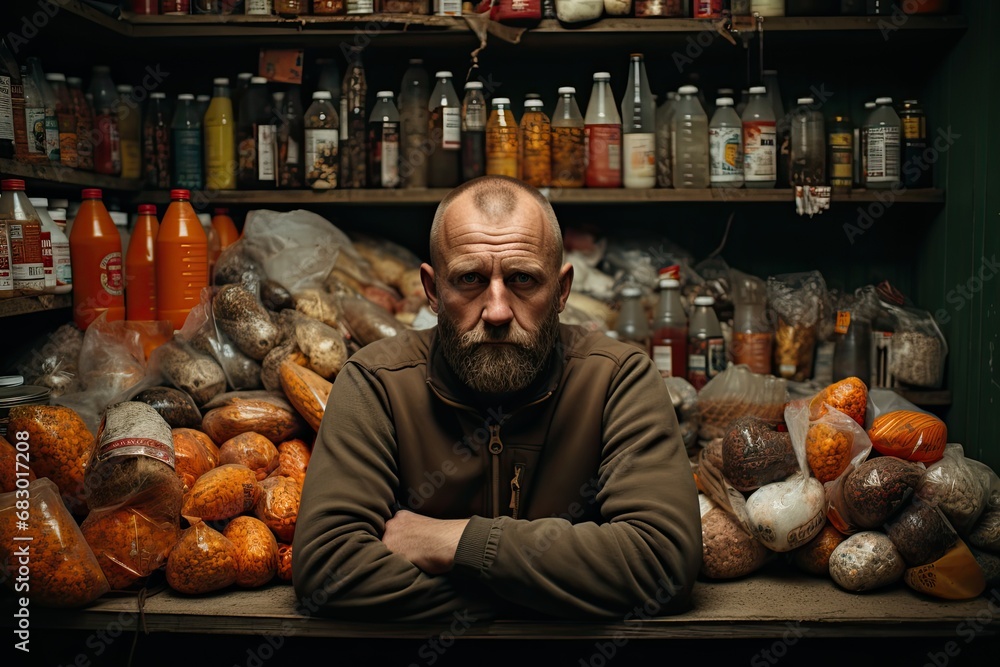 Aufkleber A man standing in front of a display filled with various food items.