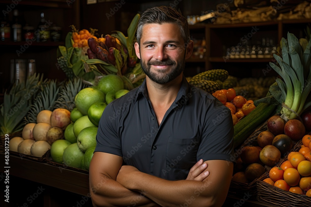 Poster A man stands in front of a vibrant display of various types of fresh fruits.