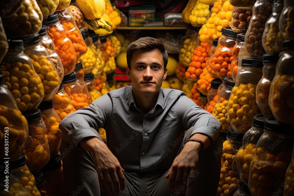 Poster a man sits in front of a vibrant display of assorted fruits, observing the colorful assortment.