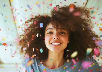 A woman with curly hair beams with joy amid a shower of golden confetti. Generative AI