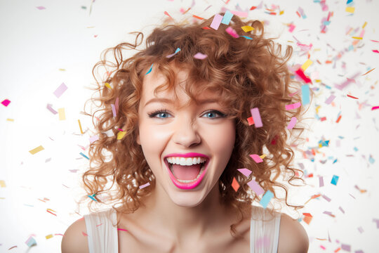 A woman with curly hair beams with joy amid a shower of golden confetti. Generative AI