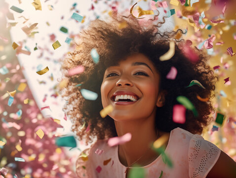 Woman celebrating with vibrant confetti