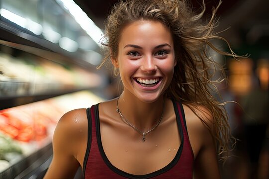 A young woman is captured smiling as she shops in a grocery store, selecting items and placing them in her cart.