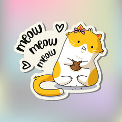 Funny cat sticker. Cute Kawaii Cat with cake. Cartoon cat sticker design. Adorable kawaii animal.