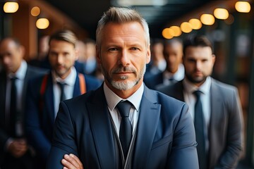 A man dressed in a suit and tie stands confidently in front of a diverse group of businessmen, taking the lead in a professional setting.