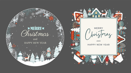 Set winter frames, card with scandi houses, trees. Concept christmas and New Year. Winter ornament poster
