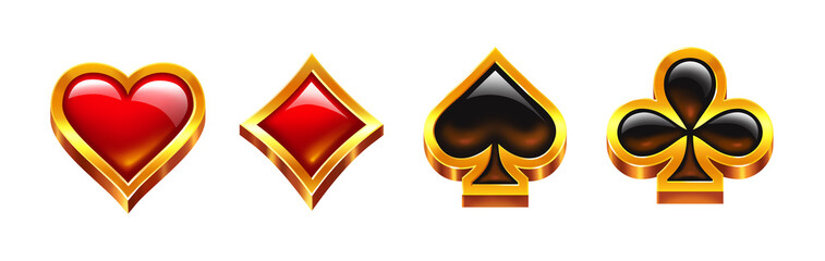 Card suit symbols. Volumetric symbols for gambling. Symbol of spades, clubs, diamonds, and hearts. Isolated on transparent background PNG. Shiny symbols with gold border