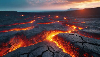 Lava was in the cracks of the earth to view the texture of the glow of volcanic magma in the cracks