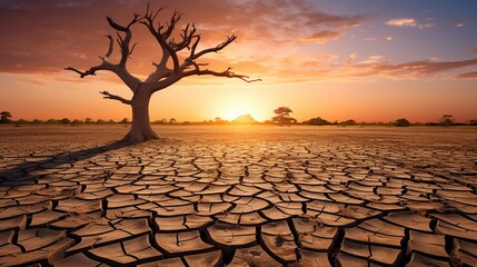 illustration of great drought, climate change, trees die on cracked ground
