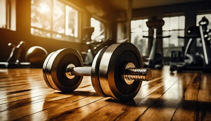 Pair of dumbbells on a wooden floor in a gym. Great for fitness, workout, and exercise concepts