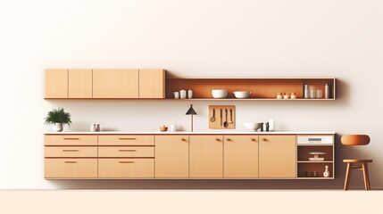 : Vector furniture mockup of a kitchen cabinets set, highlighting cabinetry, cupboards, bookshelves, and wall-mounted shelves as isolated home workspace 