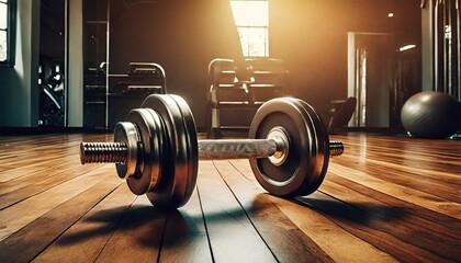 Pair of dumbbells on a wooden floor in a gym. Great for fitness, workout, and exercise concepts - obrazy, fototapety, plakaty